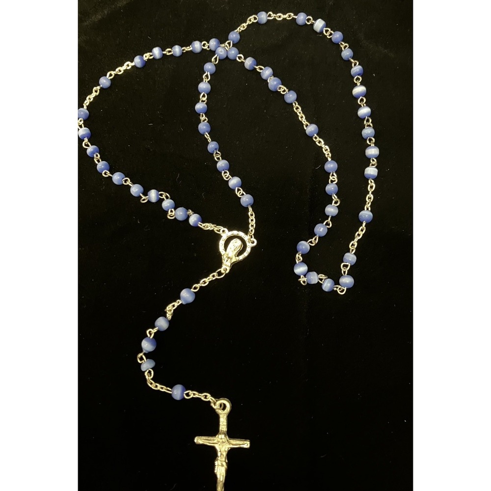 Jerusalem Israel Blue Cat’s Eye Rosary Beads Silver Catholic Crucifix Religious